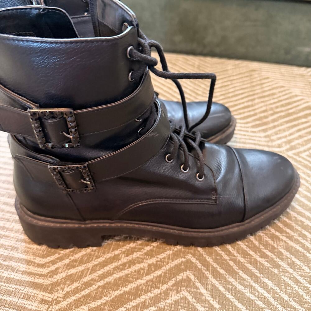 Jessica Simpson Jskerina Combat Moto Boots Black Buckle Lace Up Ankle Boots